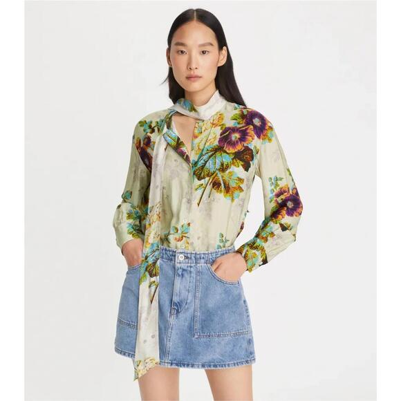 Sold Tory Burch Printed Viscose Bow Blouse top $448 size 14 NN34 - Picture 8 of 10